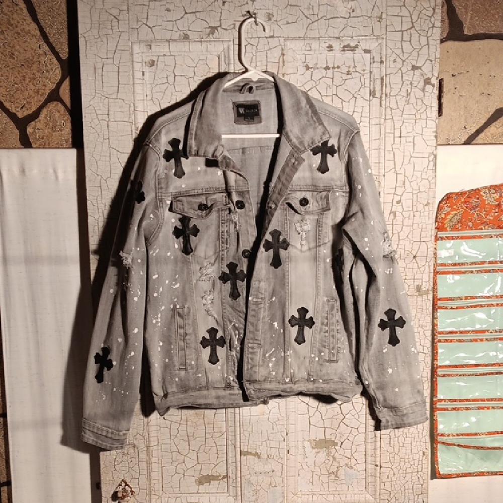 Stylish Gray Denim Jacket with Black Cross Details